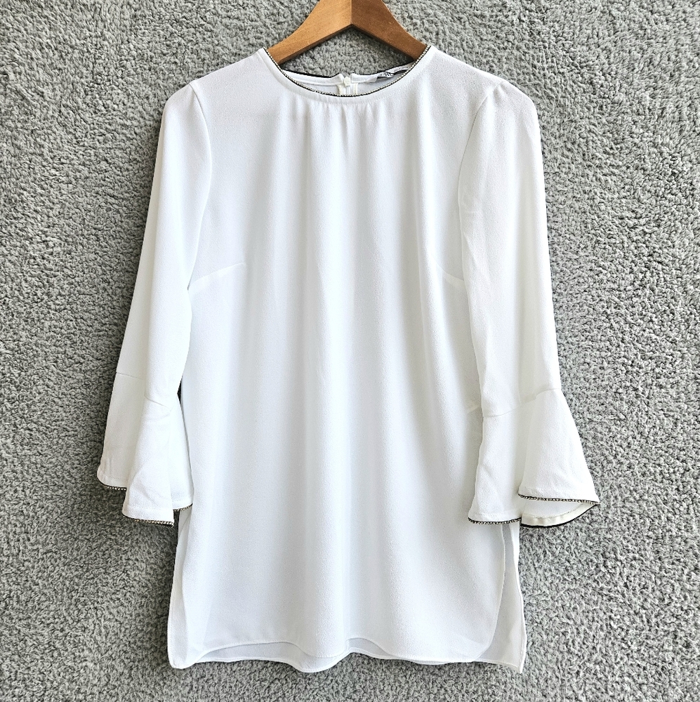 Zara White Top M Medium Flare Sleeve Rhinestones Minimalist Dressy Glam Tunic - Picture 6 of 16